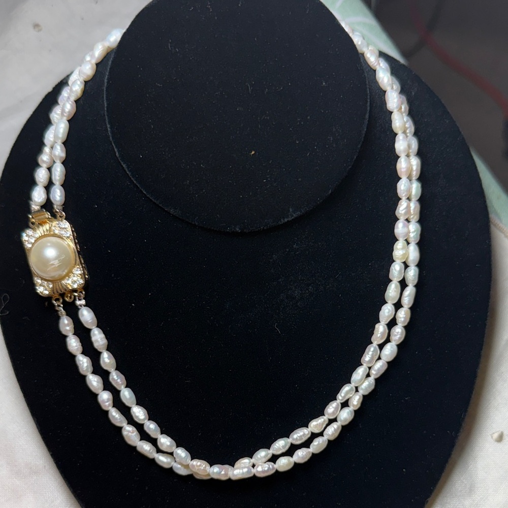 Classic‎ Pearl Necklace double strand genuine fresh water vintage Gold clasp 17”
